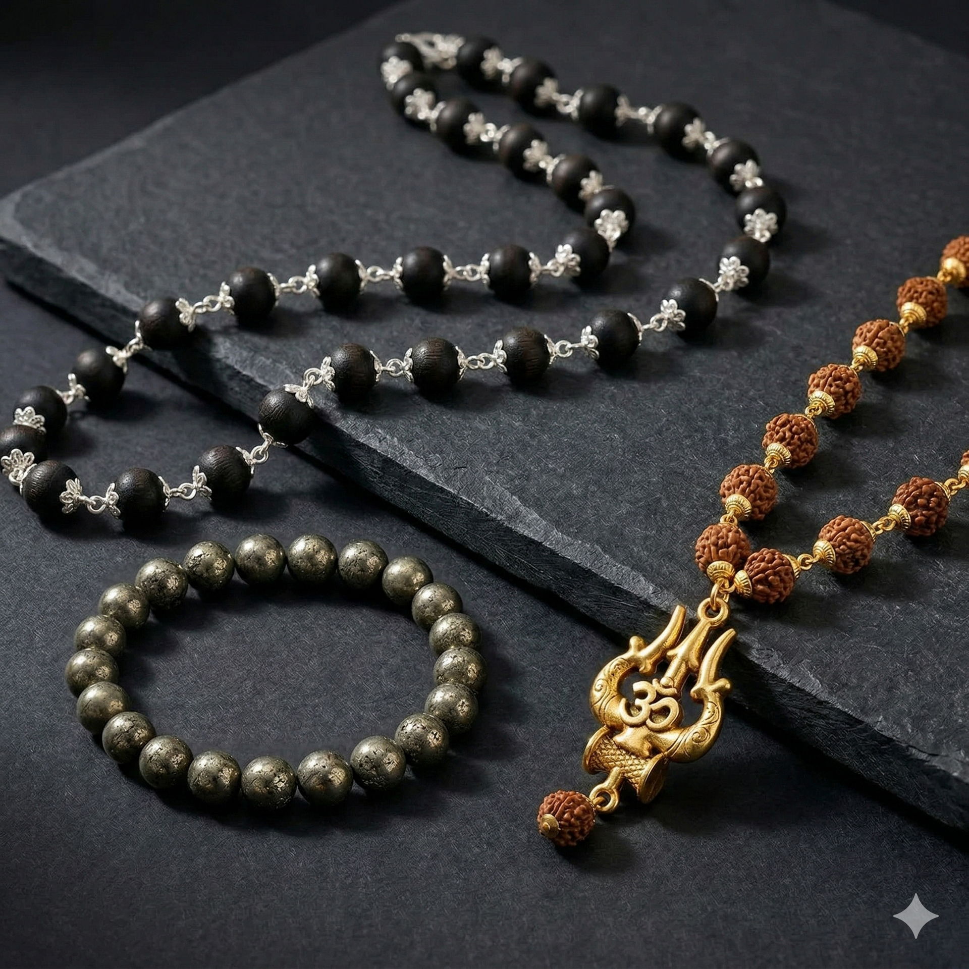 Three beaded necklaces on a dark surface