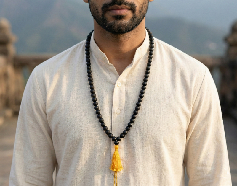 Man wearing a black beaded necklace with a yellow tassel against a blurred natural background