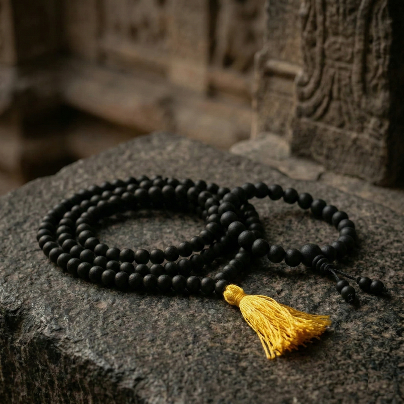 Black beaded necklace with a yellow tassel on a stone surface