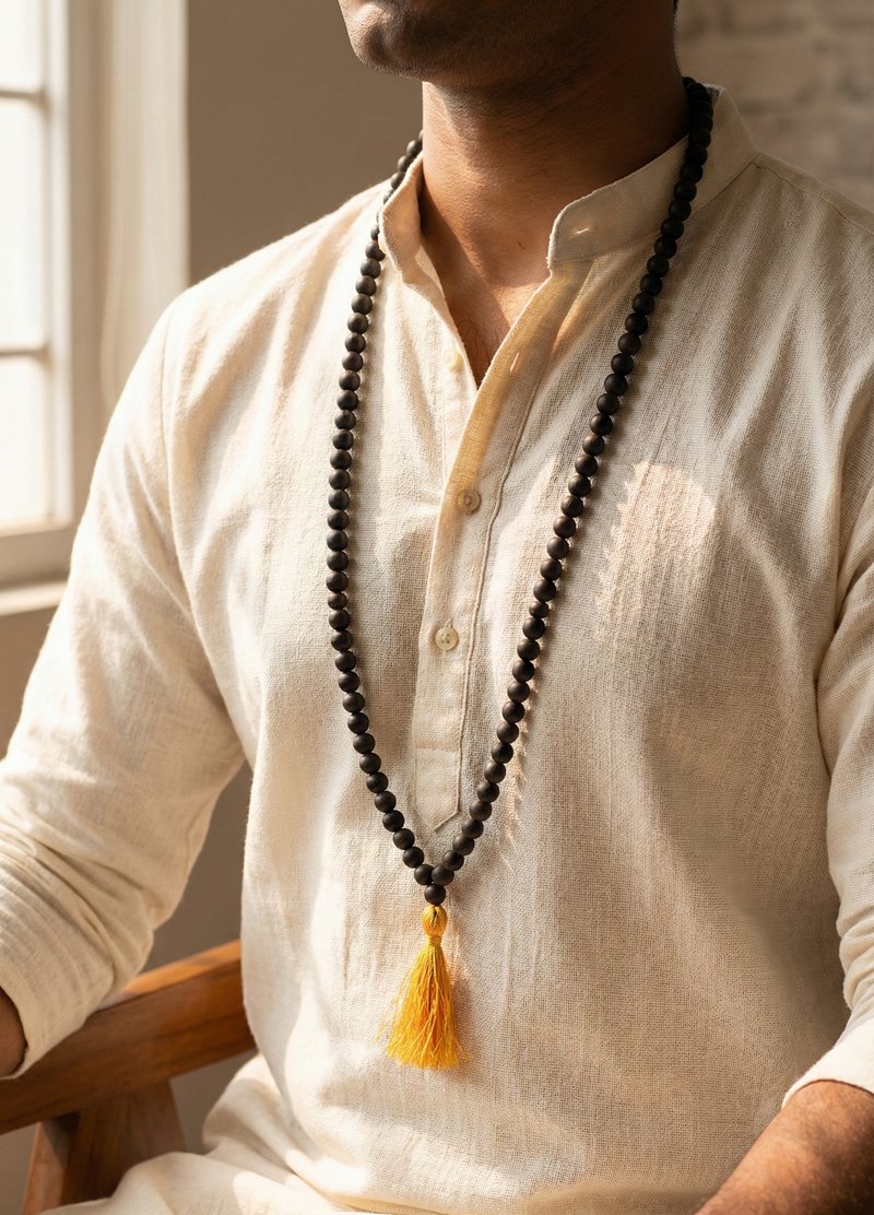 Man wearing a beige kurta with a long black beaded necklace and yellow tassel.