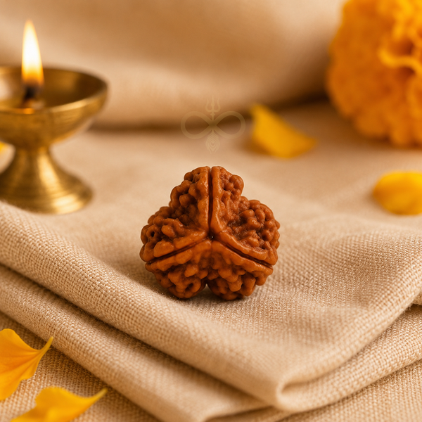 Brown rudraksha bead on beige fabric with a lit candle in the background