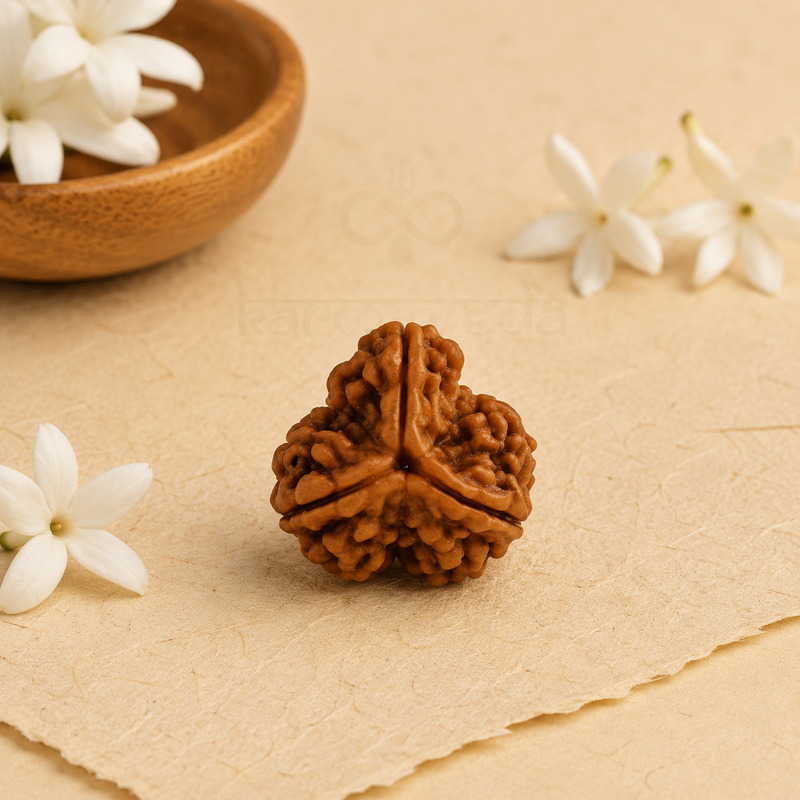 Brown rudraksha bead with white flowers on a beige background