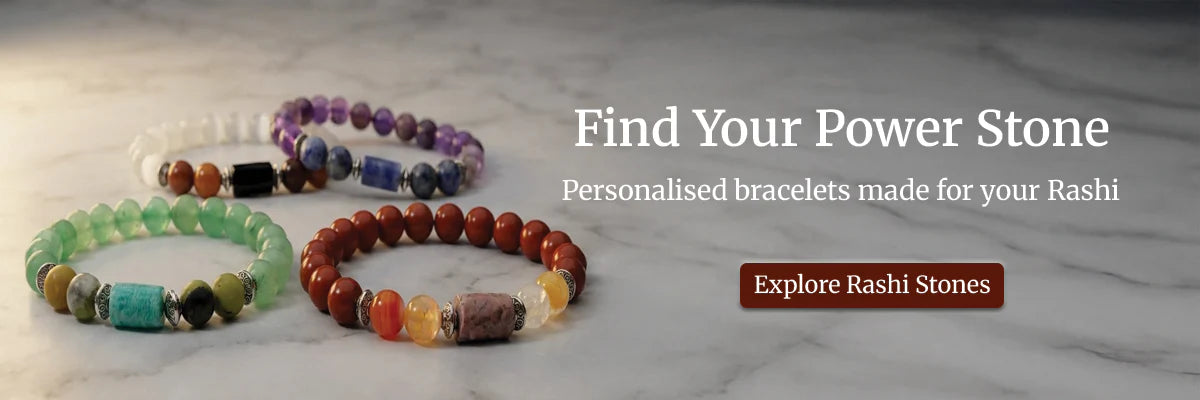 Three beaded bracelets on a marble surface with promotional text for personalized bracelets.