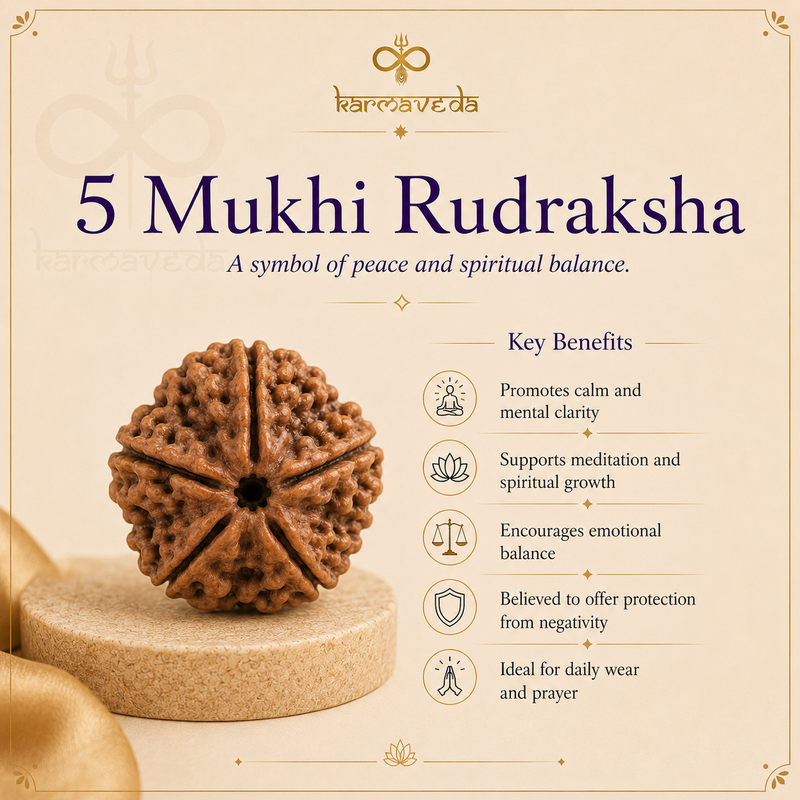 Five Mukhi Rudraksha with Karmaveda branding and benefits listed on a beige background