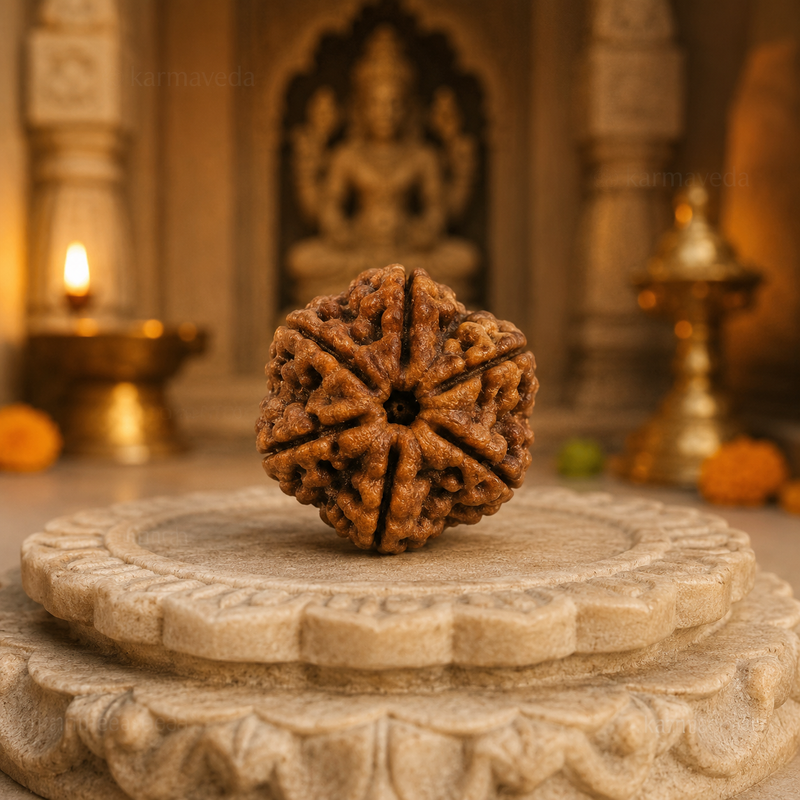 Brown textured object on a stone pedestal with blurred religious statue and offerings in the background