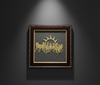Decorative wall art with gold horses and sun design in a dark frame on a gray background