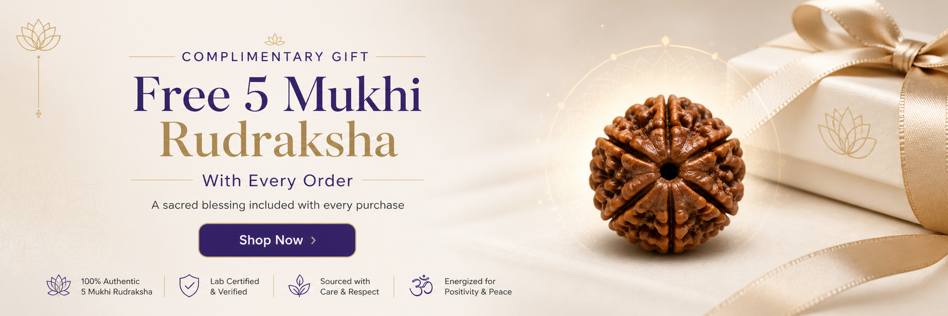 Promotional banner for a free 5 Mukhi Rudraksha with every order, featuring a rudraksha and gift box on a light background.