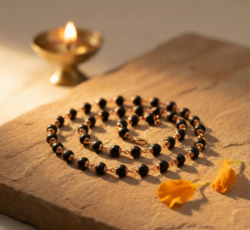 Copper Wire Karungali Mala - Natural Ebony Wood Beads Govt. Certified