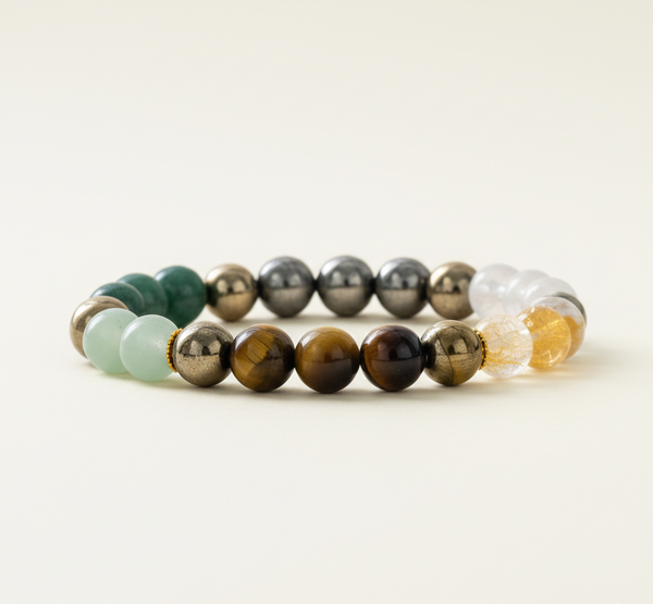 Dhanlabh Bracelet with Pyrite, Tiger Eye, Citrine, Aventurine, Sphatik & Jade Beads