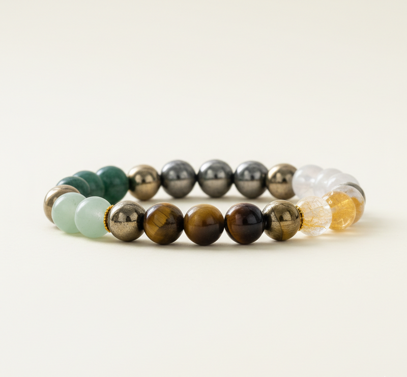 Dhanlabh Bracelet with Pyrite, Tiger Eye, Citrine, Aventurine, Sphatik & Jade Beads