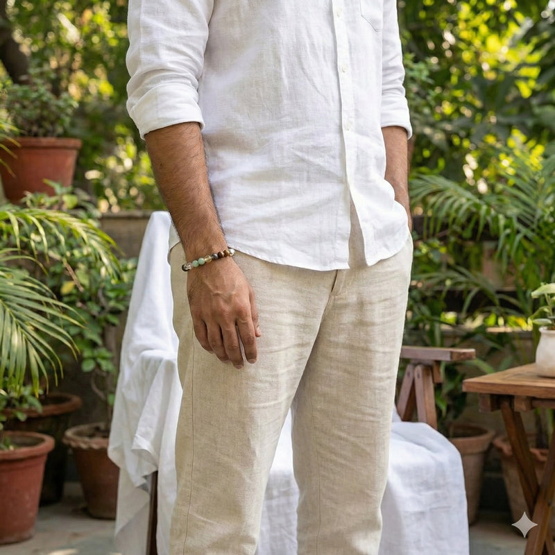 Person wearing a white shirt and beige pants in a garden setting