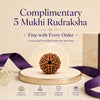 5 Mukhi Rudraksha in a glass dome with promotional text