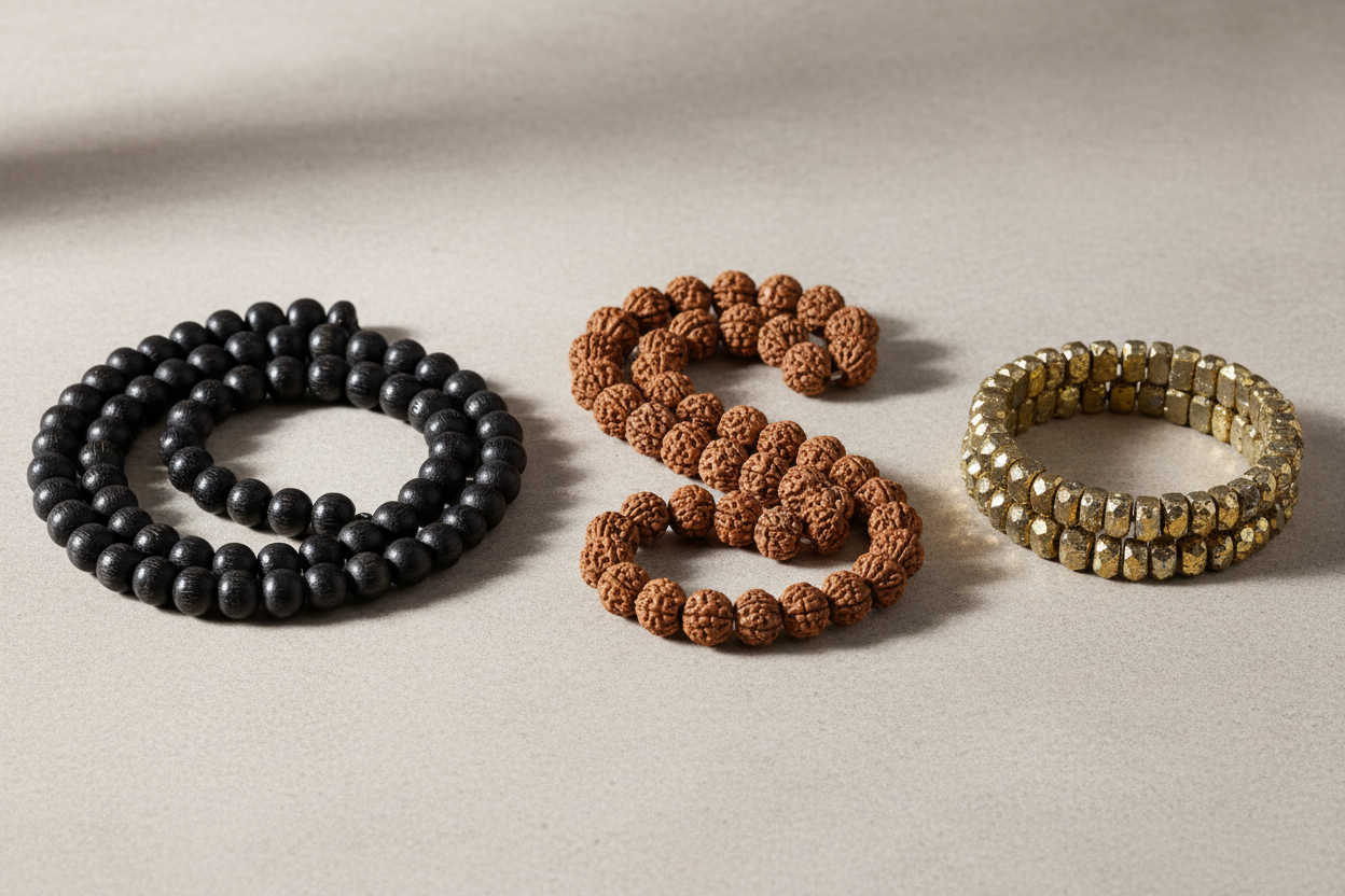 Three beaded bracelets in black, brown, and gold on a neutral background