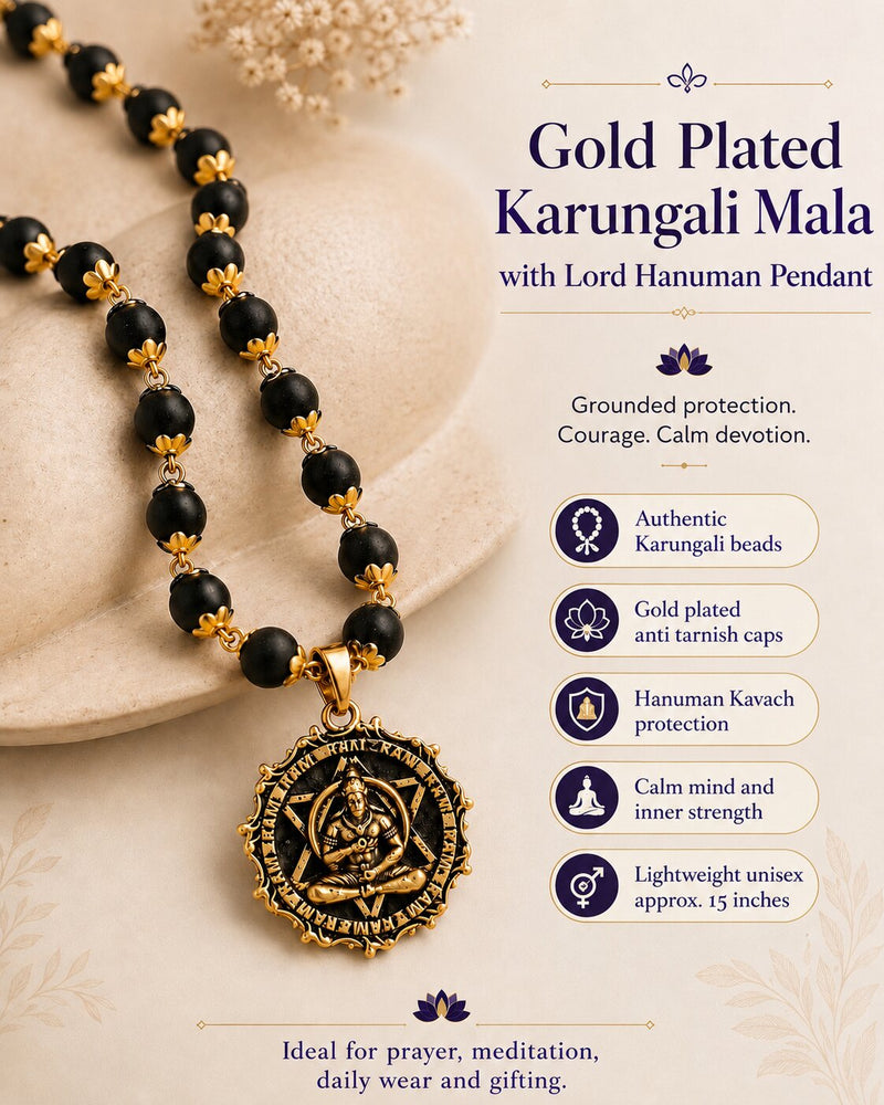 Gold-plated Karungali Mala with Lord Hanuman pendant on a beige background