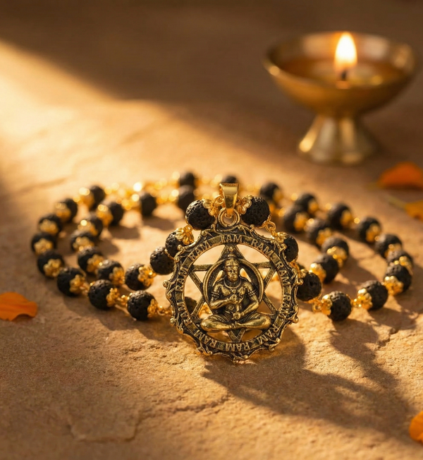 Black and gold beaded necklace with a decorative pendant on a textured surface with a lit candle in the background.
