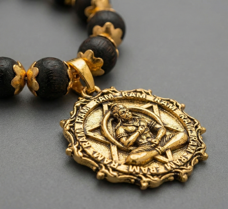 Necklace with black beads and gold medallion on a gray background