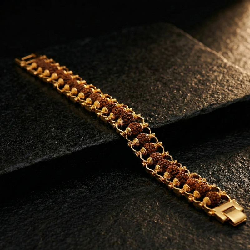 Gold bracelet with brown beads on a dark stone surface