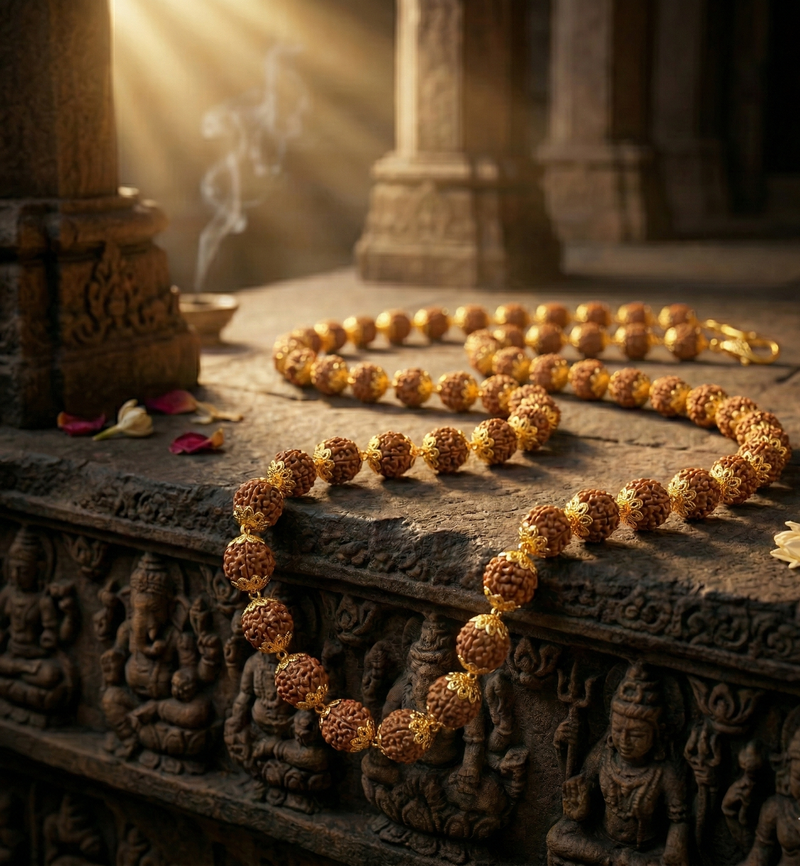 Gold and brown beaded necklace on a stone surface with religious architecture in the background