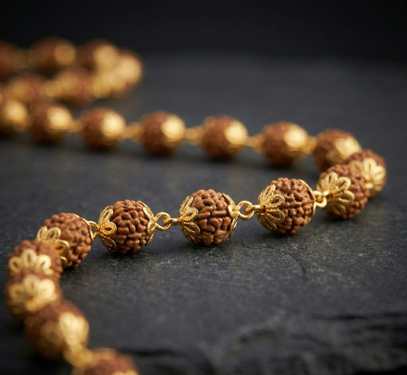 Necklace with gold and brown beads on a dark surface