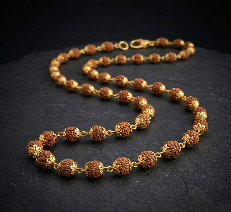 Gold and brown beaded necklace on a dark surface