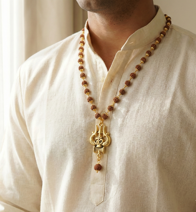 Man wearing a beaded necklace with a gold pendant on a plain background