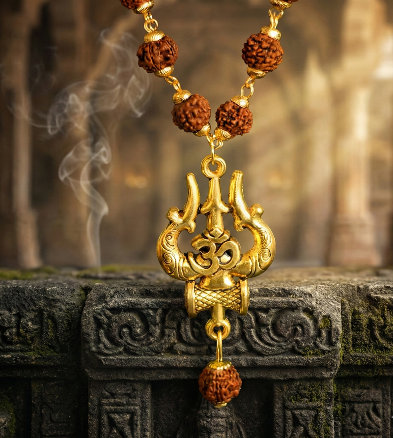 Gold necklace with rudraksha beads on a stone surface with smoke in the background