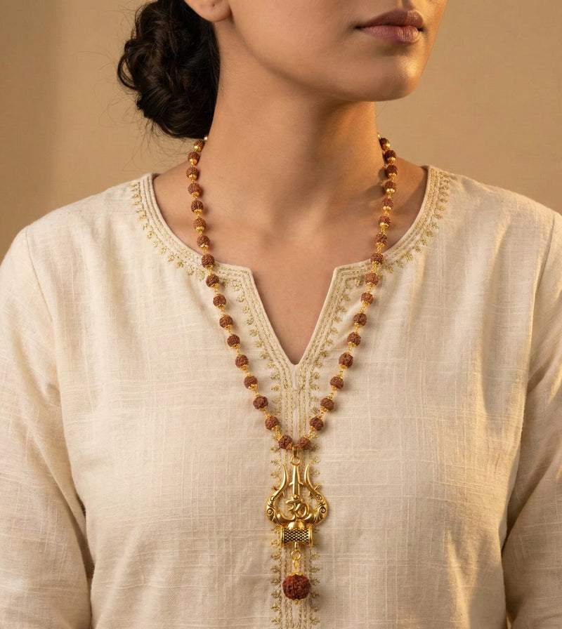 Person wearing a long necklace with a large pendant on a beige background