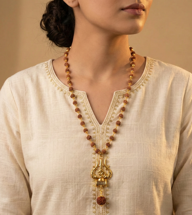 Person wearing a long necklace with a large pendant on a beige background