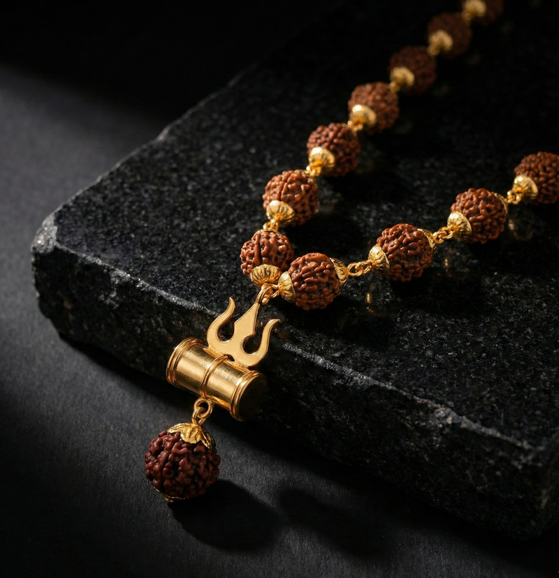 Mala necklace with gold and brown beads on a dark stone surface