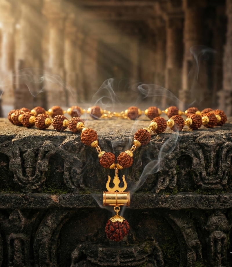 Necklace with brown and gold beads on a stone surface with smoke in the background