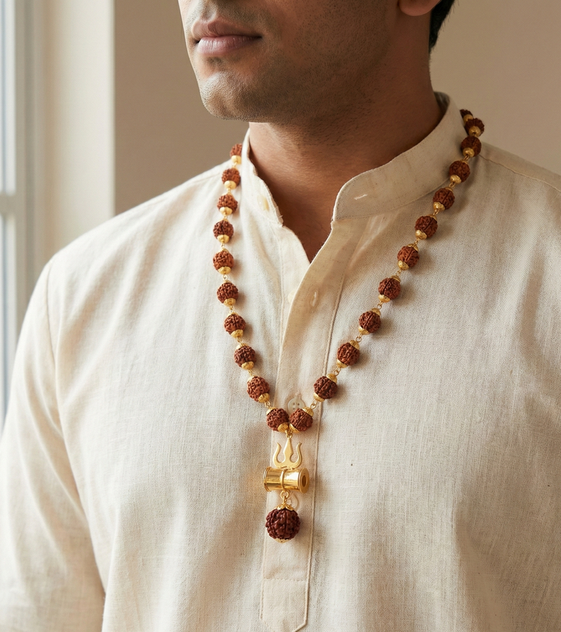 Man wearing a long beaded necklace with a neutral background