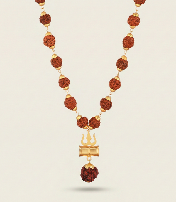 Gold Plated Rudraksha Mala with Shiva Damroo Trishool Pendant
