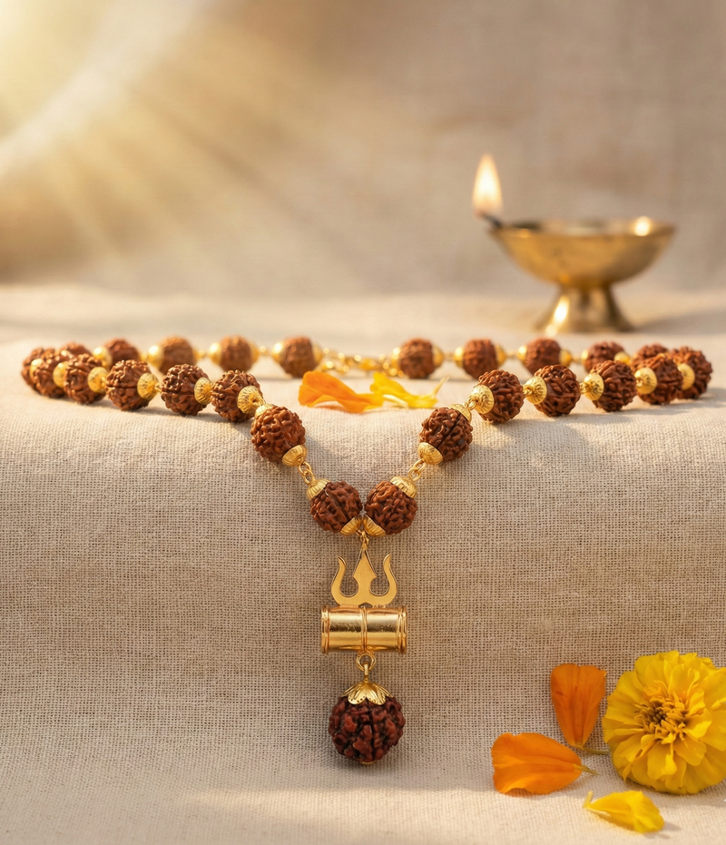 Necklace with rudraksha beads and a gold pendant on a textured surface with flowers and a lamp in the background.