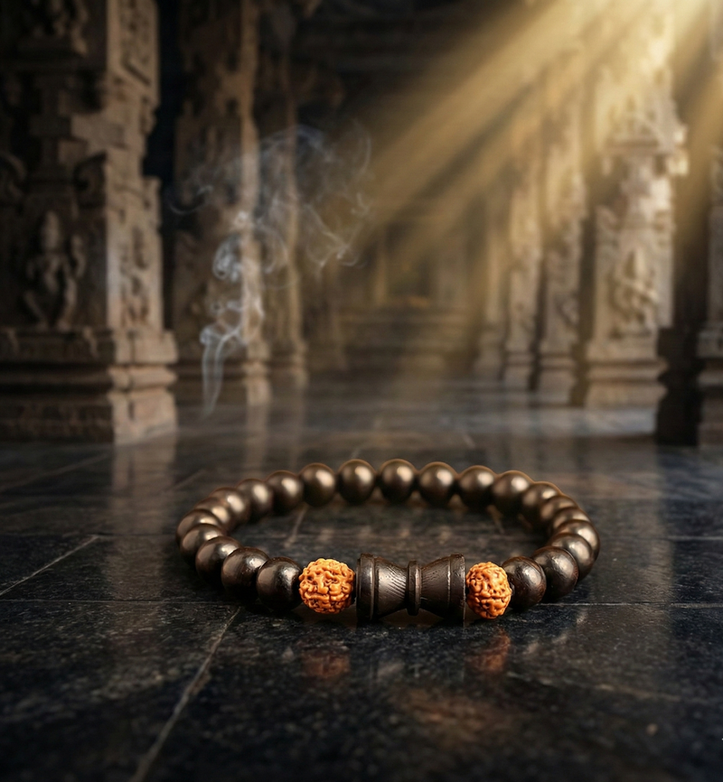 Bracelet with brown beads and orange accents on a dark stone surface with temple background