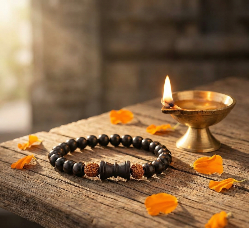Black beaded bracelet on a wooden surface with a lit oil lamp and orange petals.