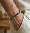 Close-up of a wrist wearing a metallic beaded bracelet with a blurred background.