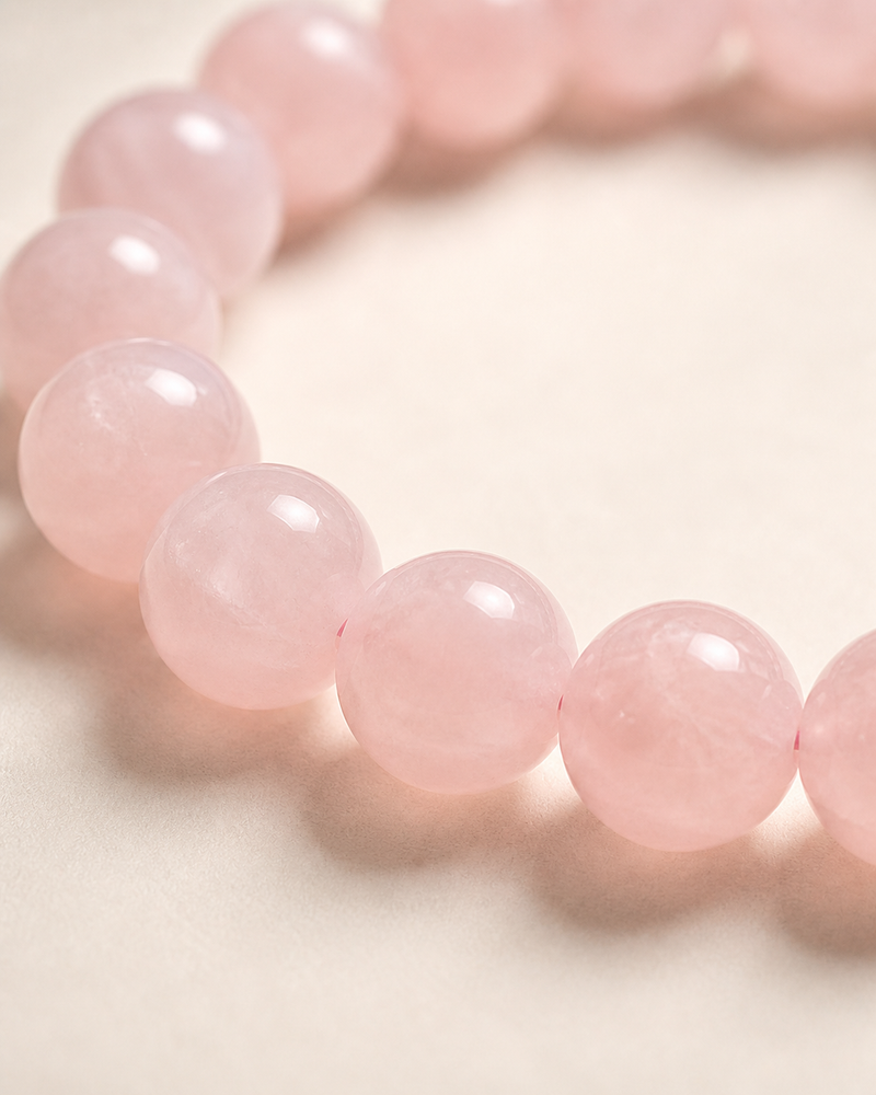 Close-up of a pink beaded bracelet on a light background