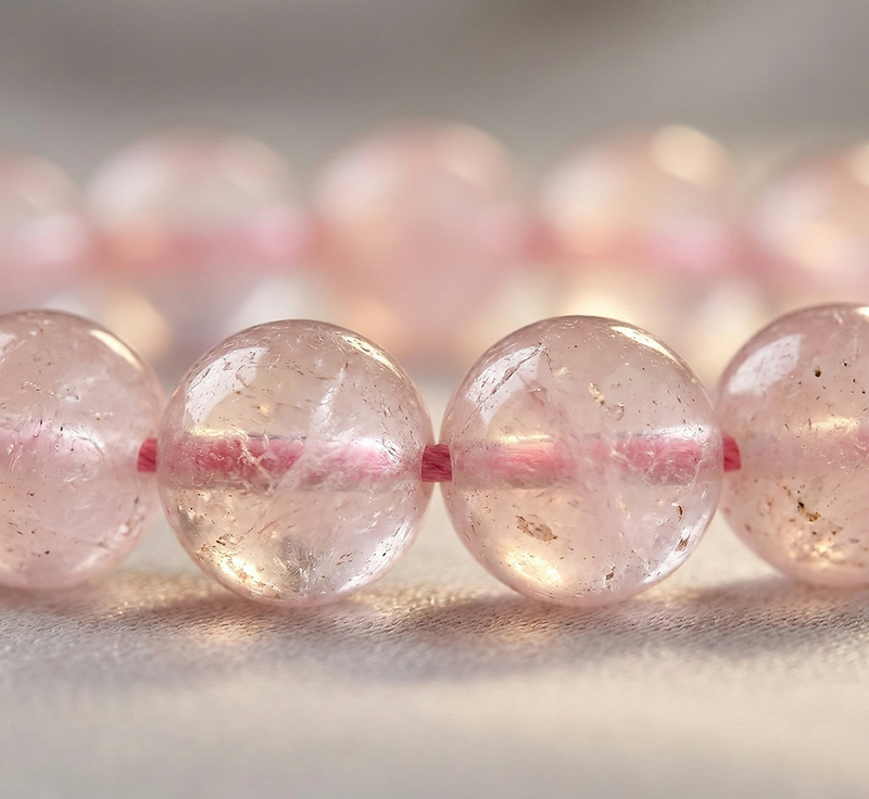Close-up of pink gemstone beads on a blurred background