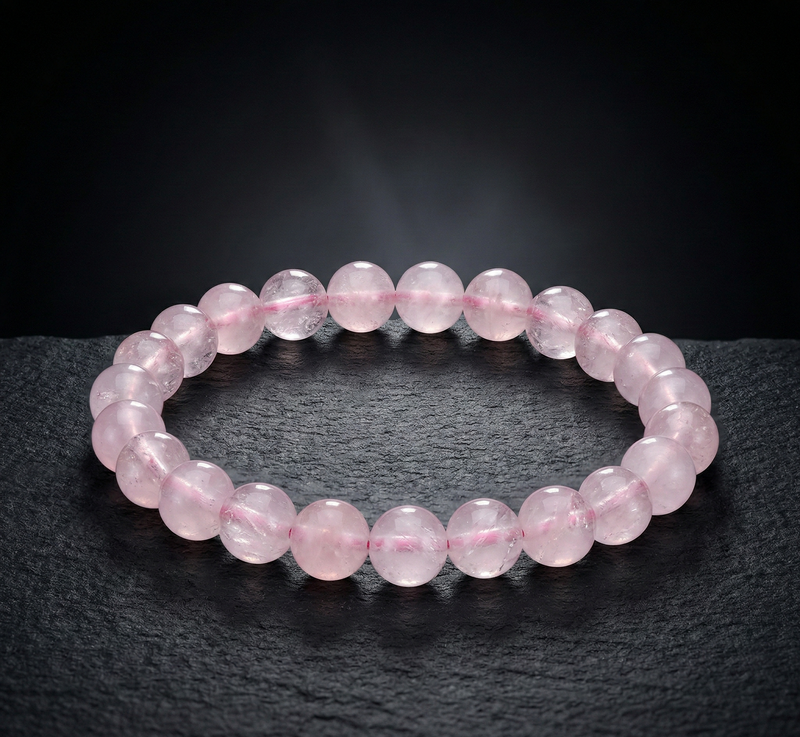 Pink beaded bracelet on a dark surface