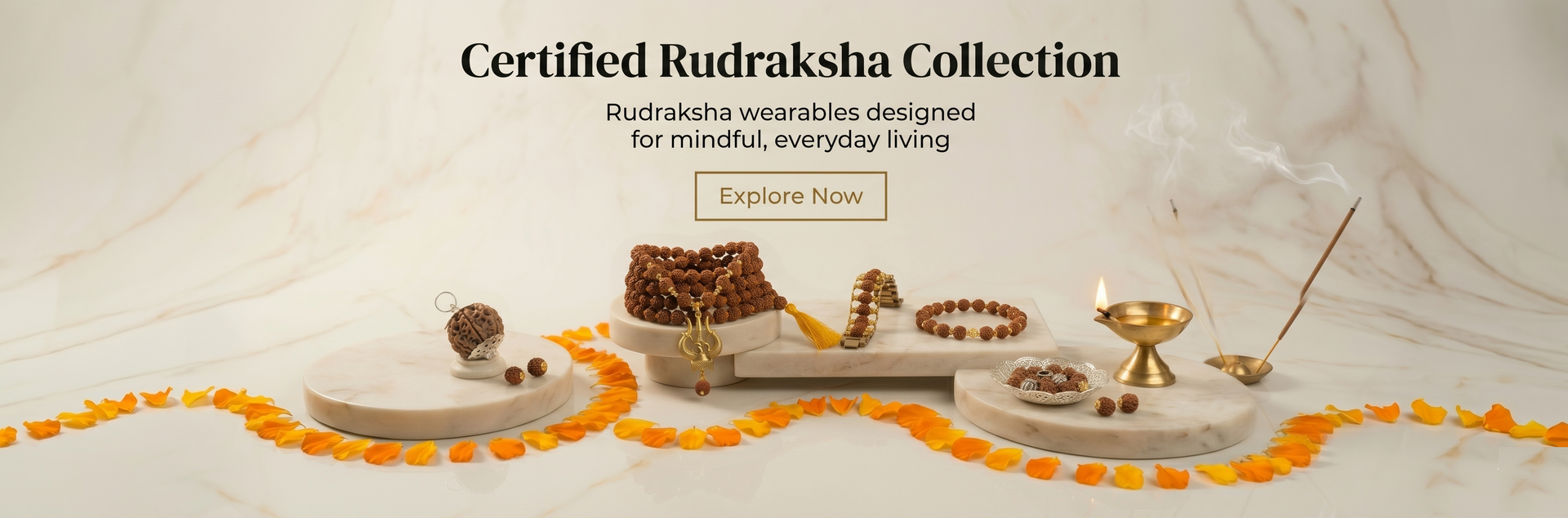 Certified Rudraksha Collection with decorative items on a light background
