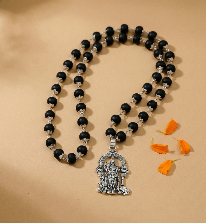 Silver Plated Karungali Mala with Lord Murugan Pendant