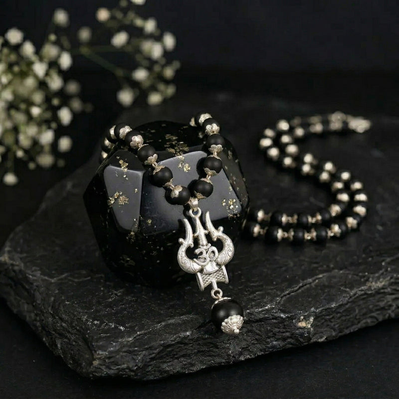Silver Plated Karungali Mala with Om Shiva Trishul Pendant
