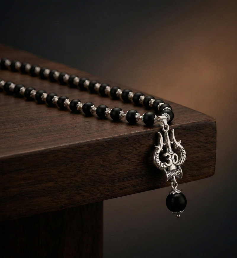 Black beaded necklace with a silver pendant on a wooden surface