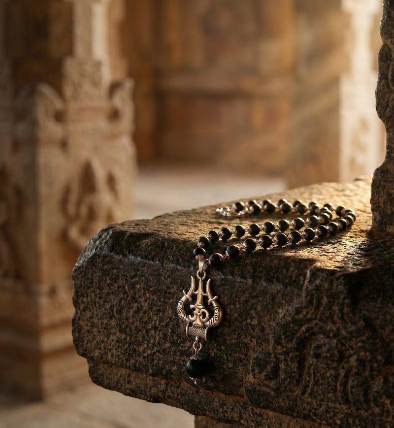 Necklace with a pendant on a stone surface in an ancient setting