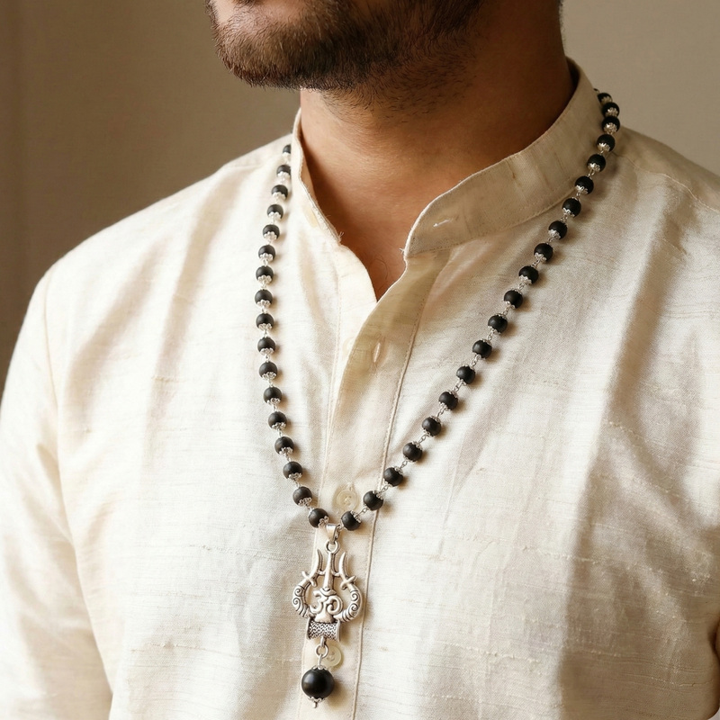 Man wearing a long black beaded necklace with a pendant on a plain background