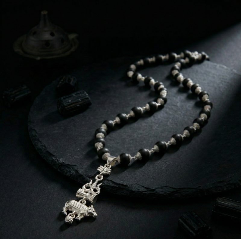 Necklace with black beads and silver pendant on a dark surface