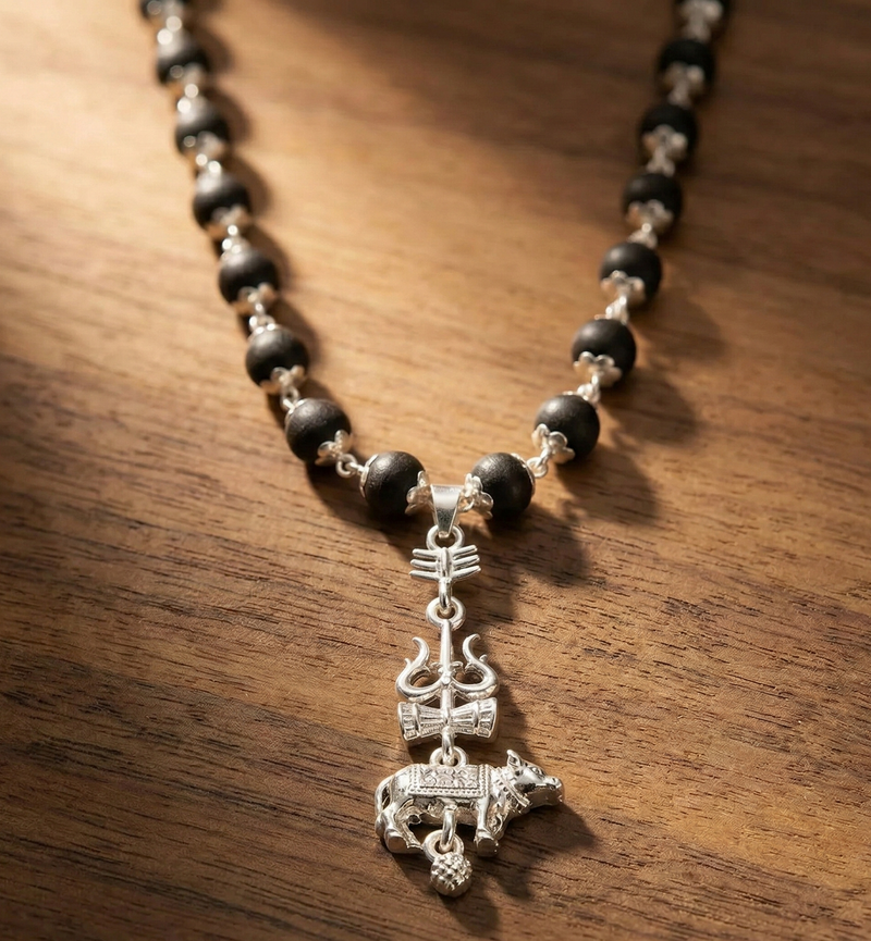 Necklace with black beads and silver pendant on a wooden surface