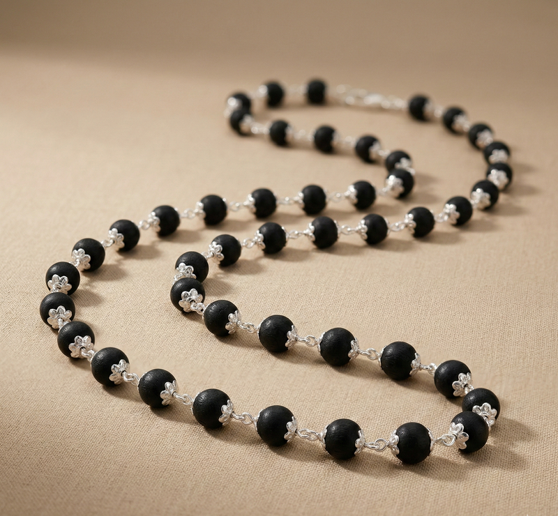 Silver Plated Karungali Mala - Natural Ebony Wood Beads Govt. Certified