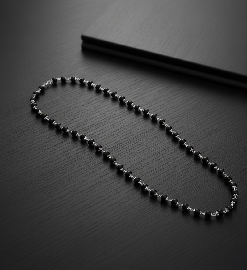 Silver Plated Karungali Mala - Natural Ebony Wood Beads Govt. Certified
