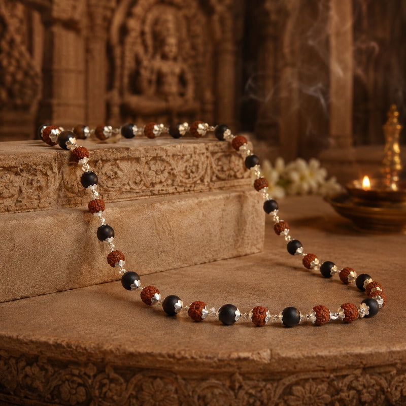 Necklace with multicolored beads on a stone surface with a blurred background